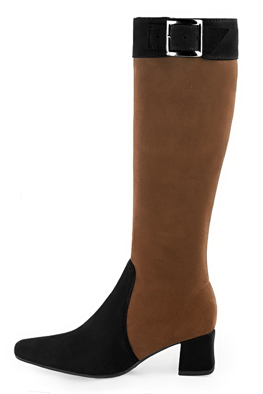 Matt black and caramel brown women's feminine knee-high boots. Square toe. Medium block heels. Made to measure. Profile view - Florence KOOIJMAN